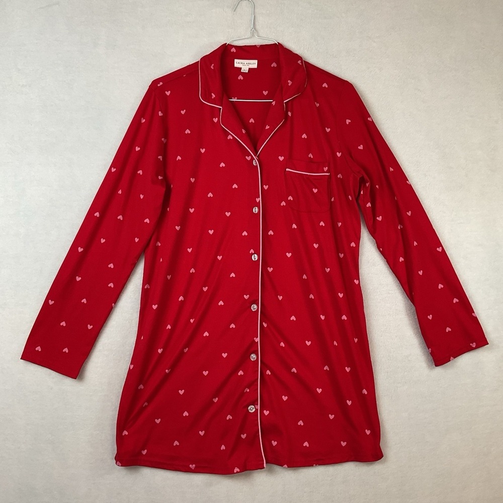 Laura Ashley Nightgown Sleep Shirt Womens L Red Pink Hearts Buttons Long Sleeves